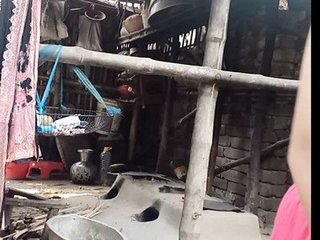 A girl from the village takes a bath in the bathtub